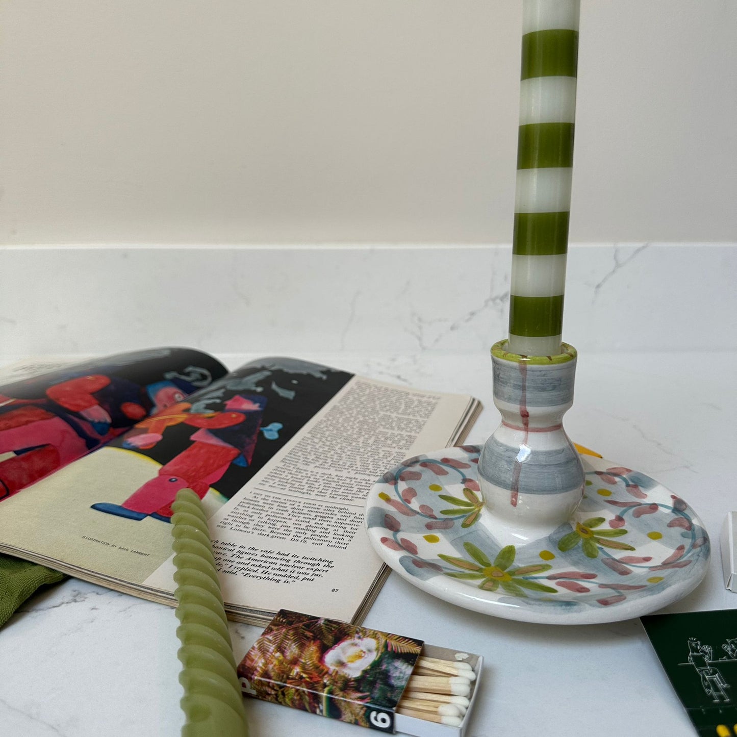 Light Blue Check Floral Candlestick