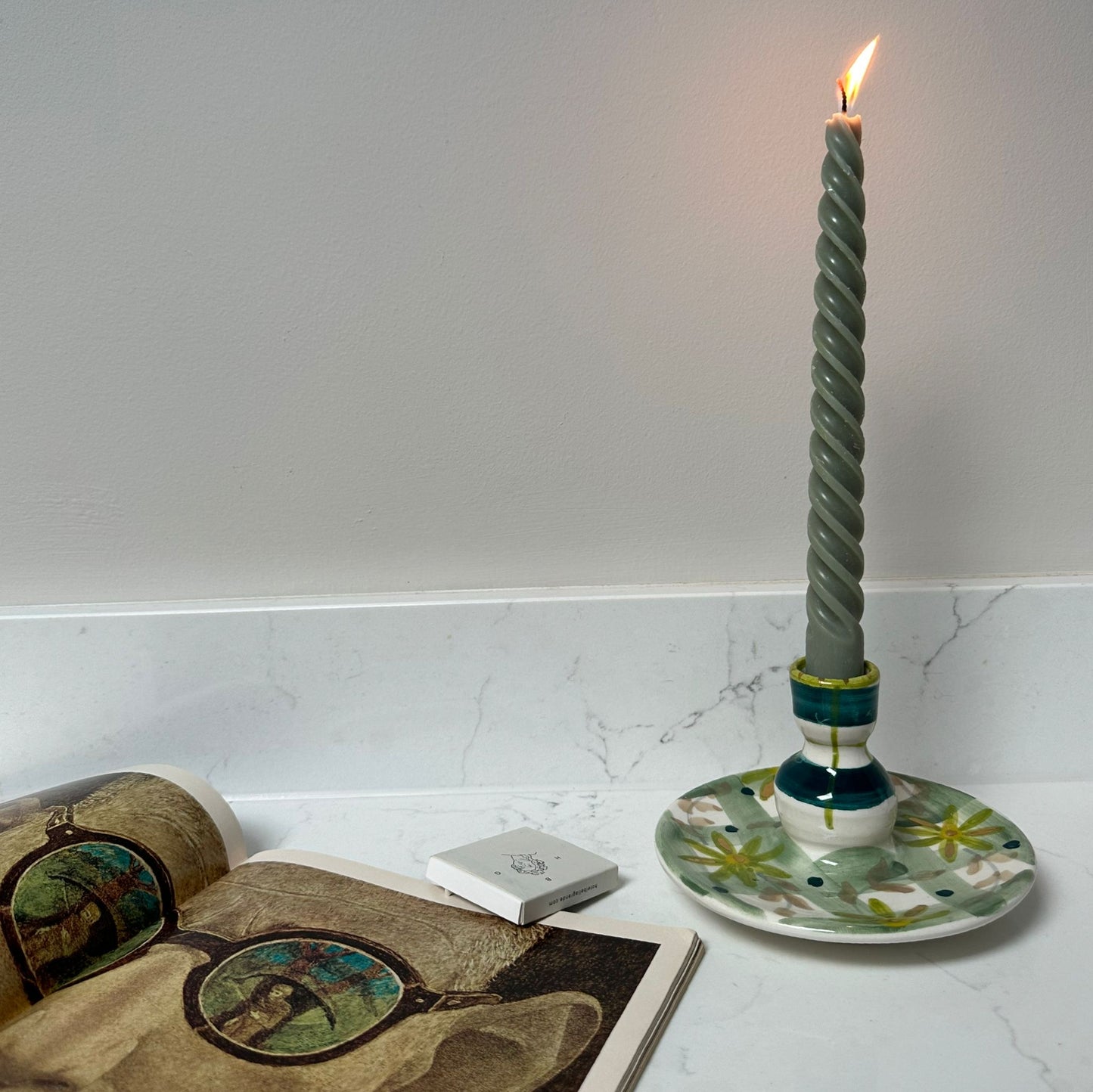 Green Check Floral Candlestick