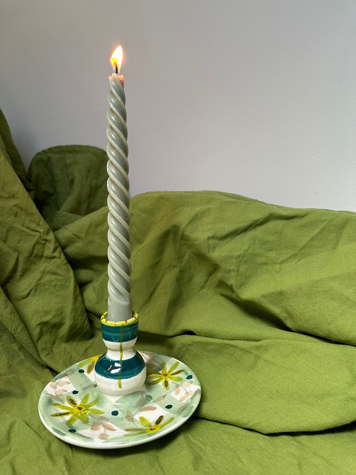 Green Check Floral Candlestick