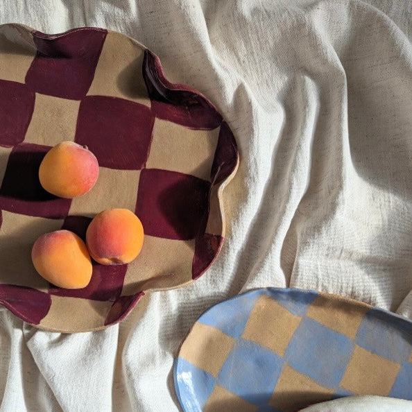 Burgundy Wavy Oval Check Serving Platter