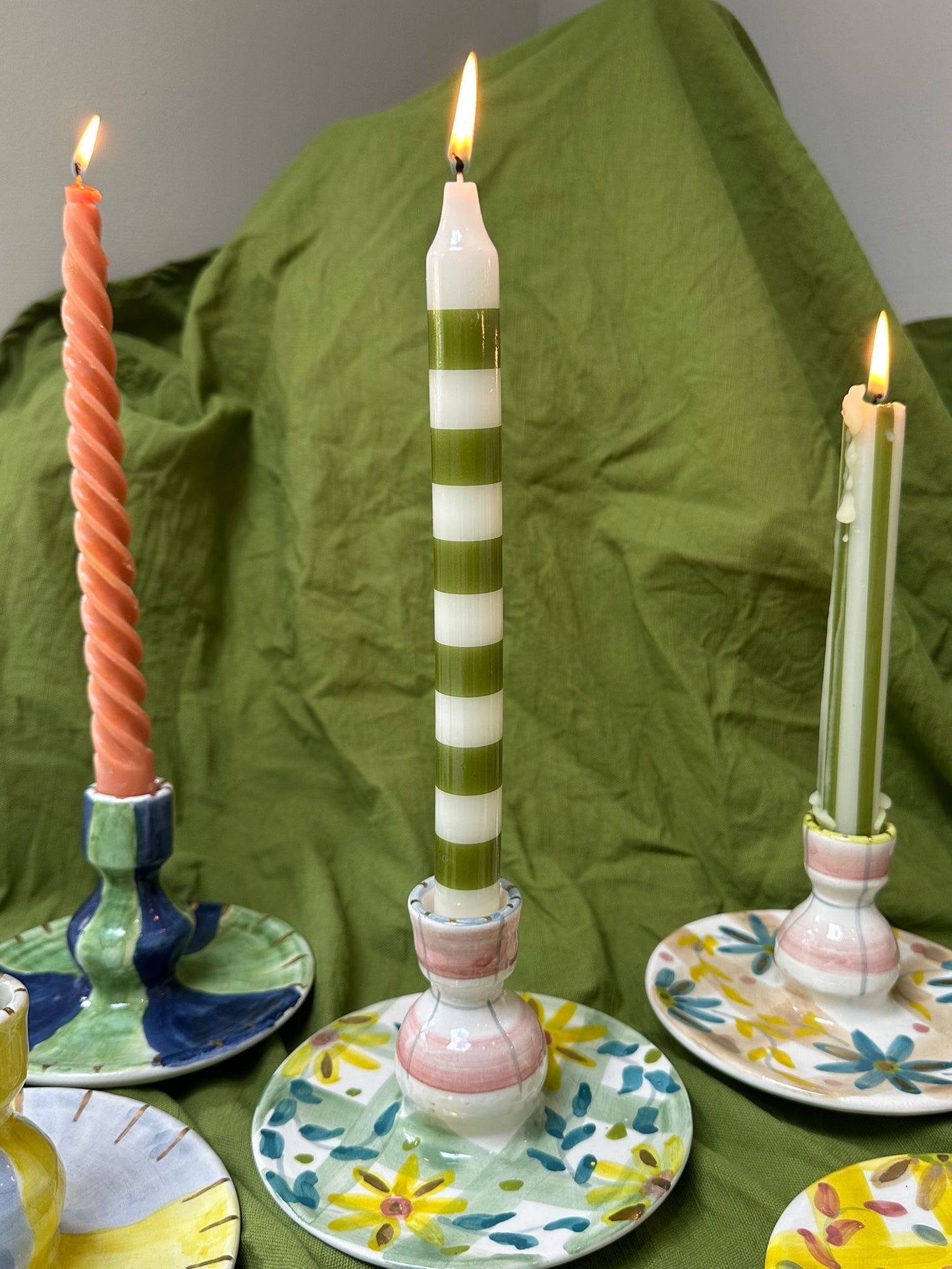 Pink and Brown Check Floral Candlestick