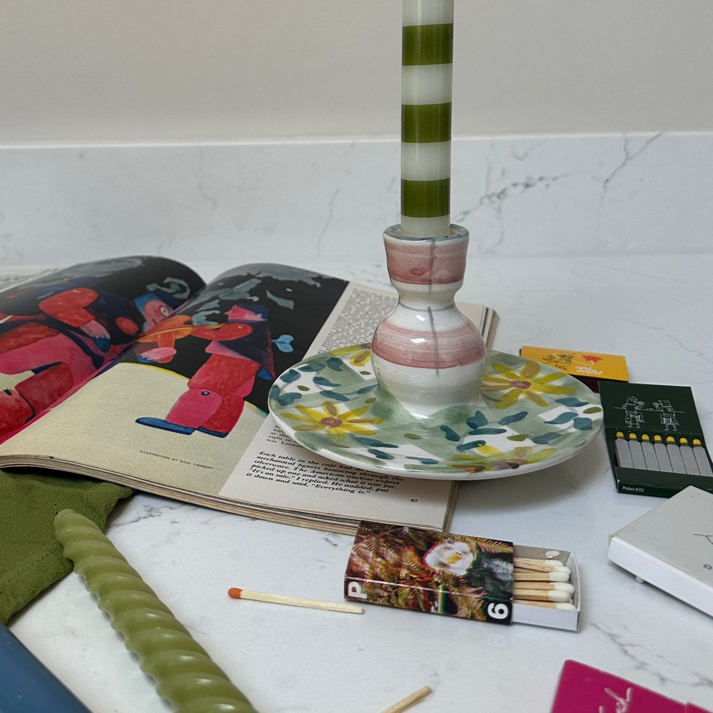 Pink and Green Floral Check Candlestick