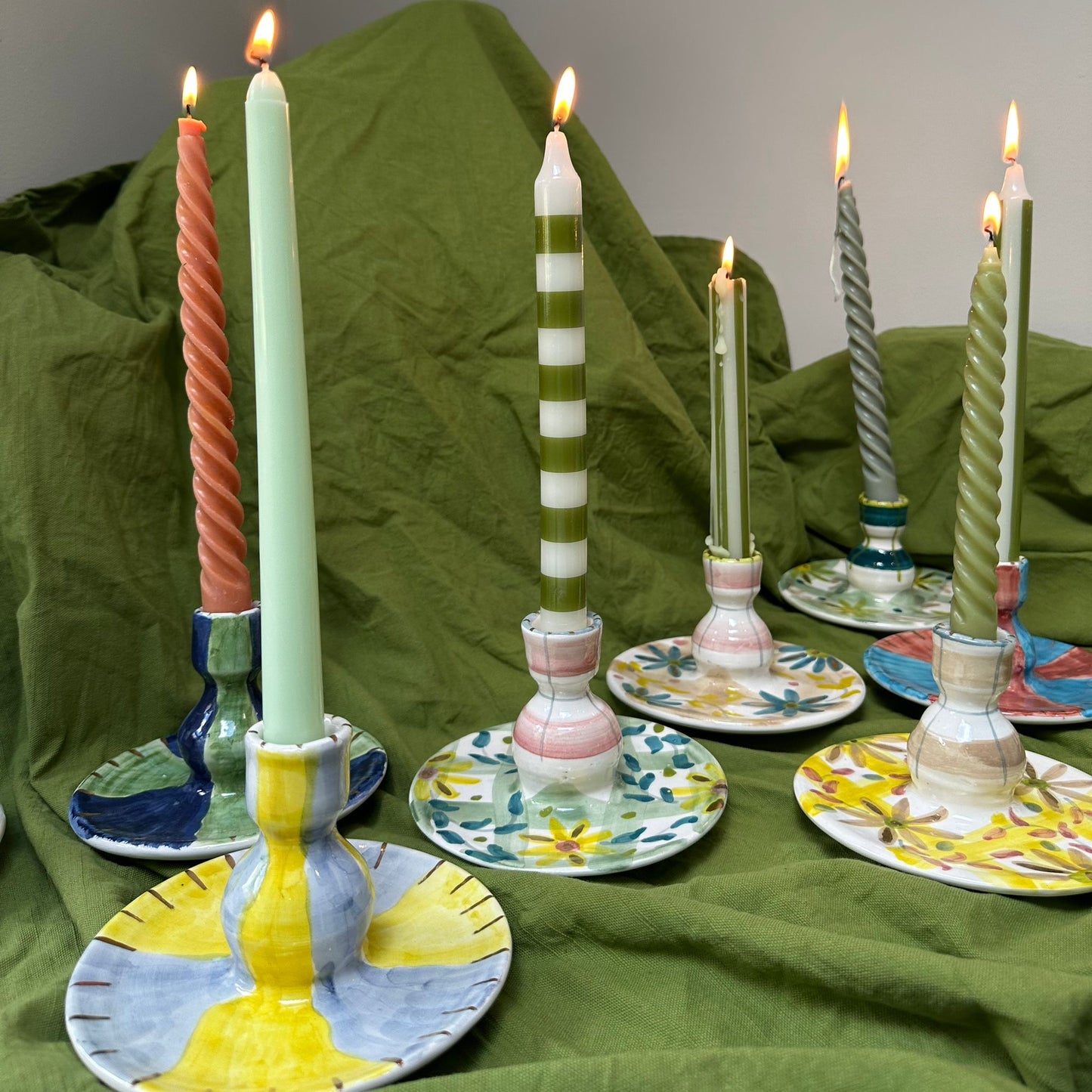 Pink and Green Floral Check Candlestick