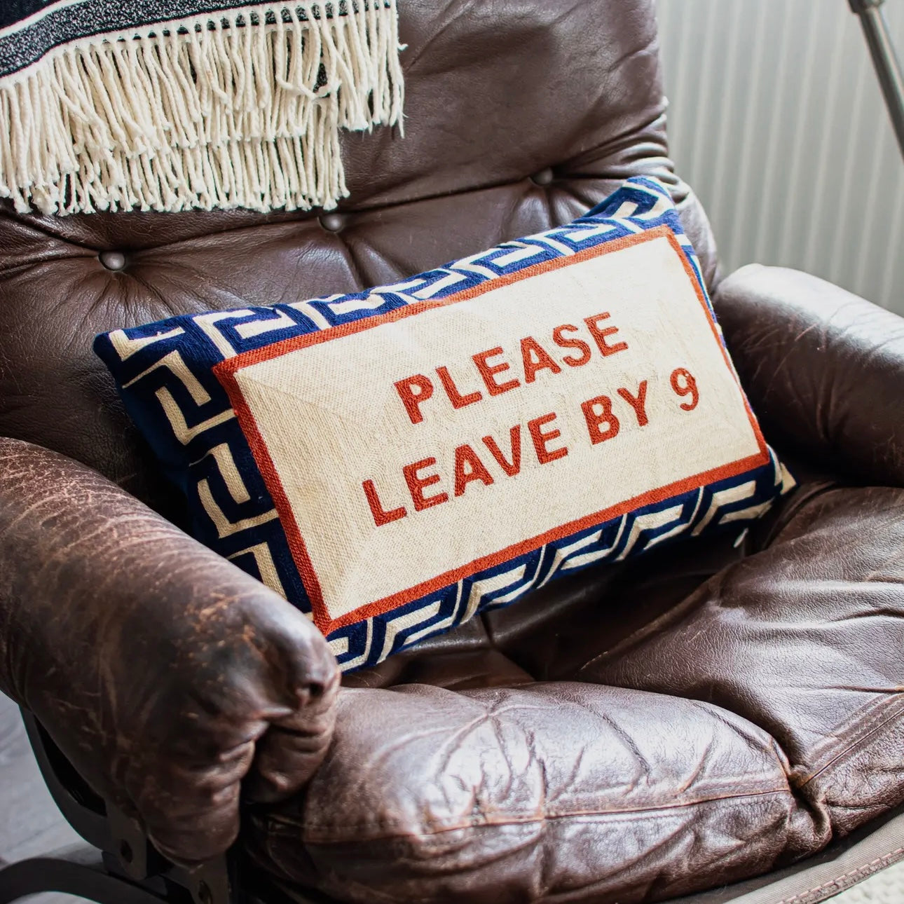 Please Leave By 9 Needlepoint Cushion