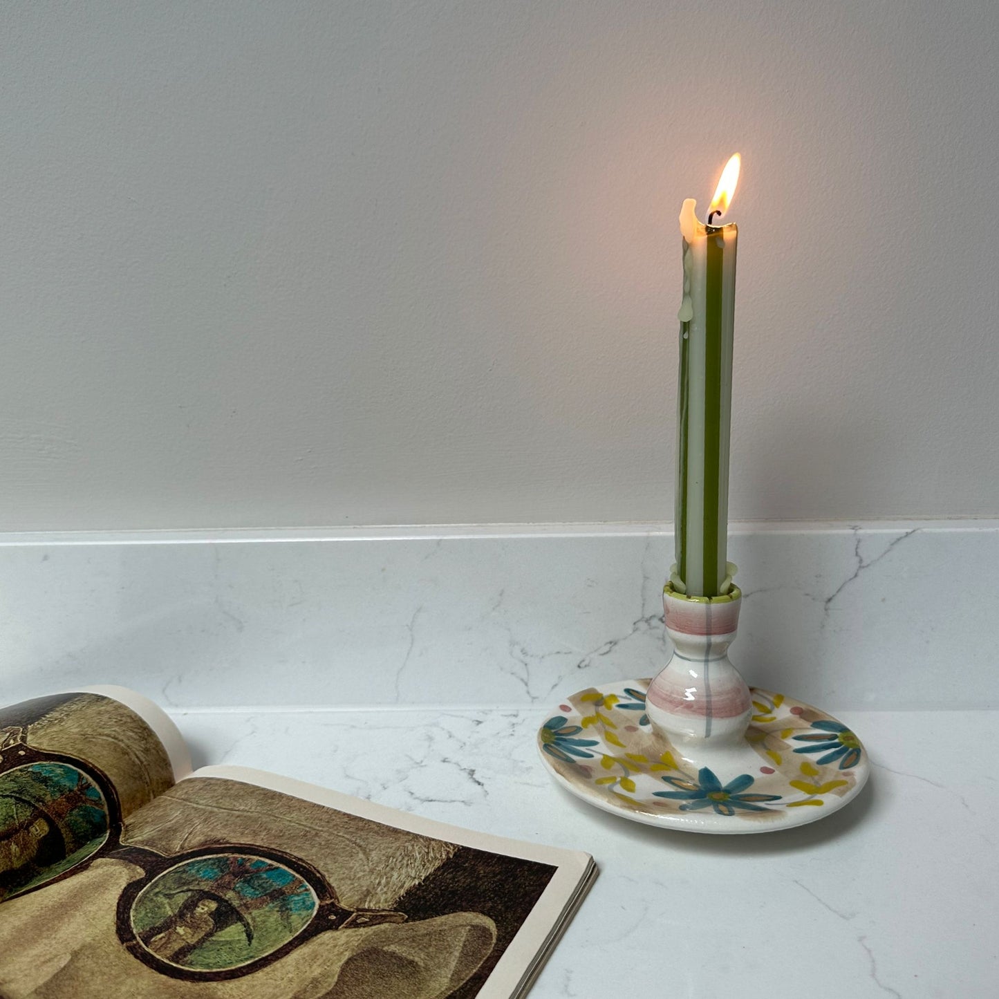 Pink and Brown Check Floral Candlestick