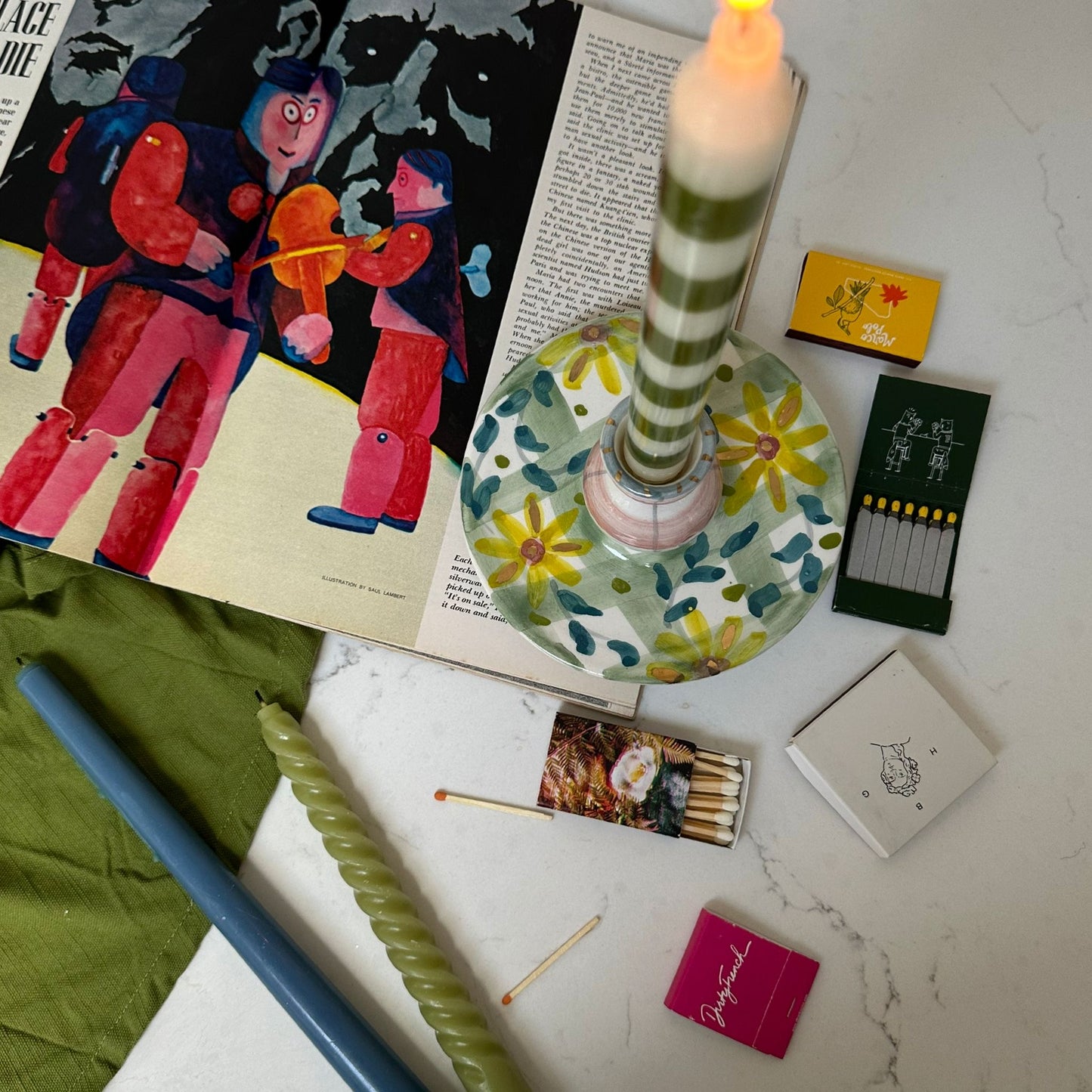 Pink and Green Floral Check Candlestick