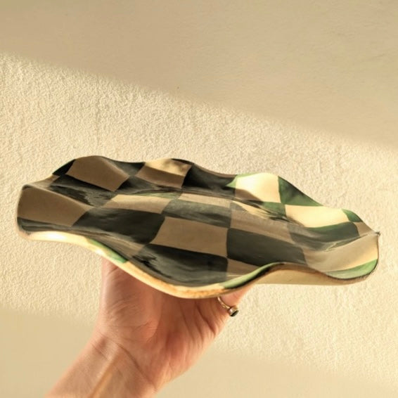 Green Wavy Round Check Serving Platter