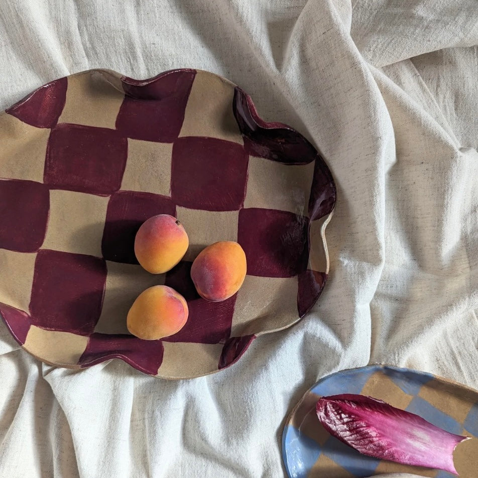 Burgundy Wavy Oval Check Serving Platter