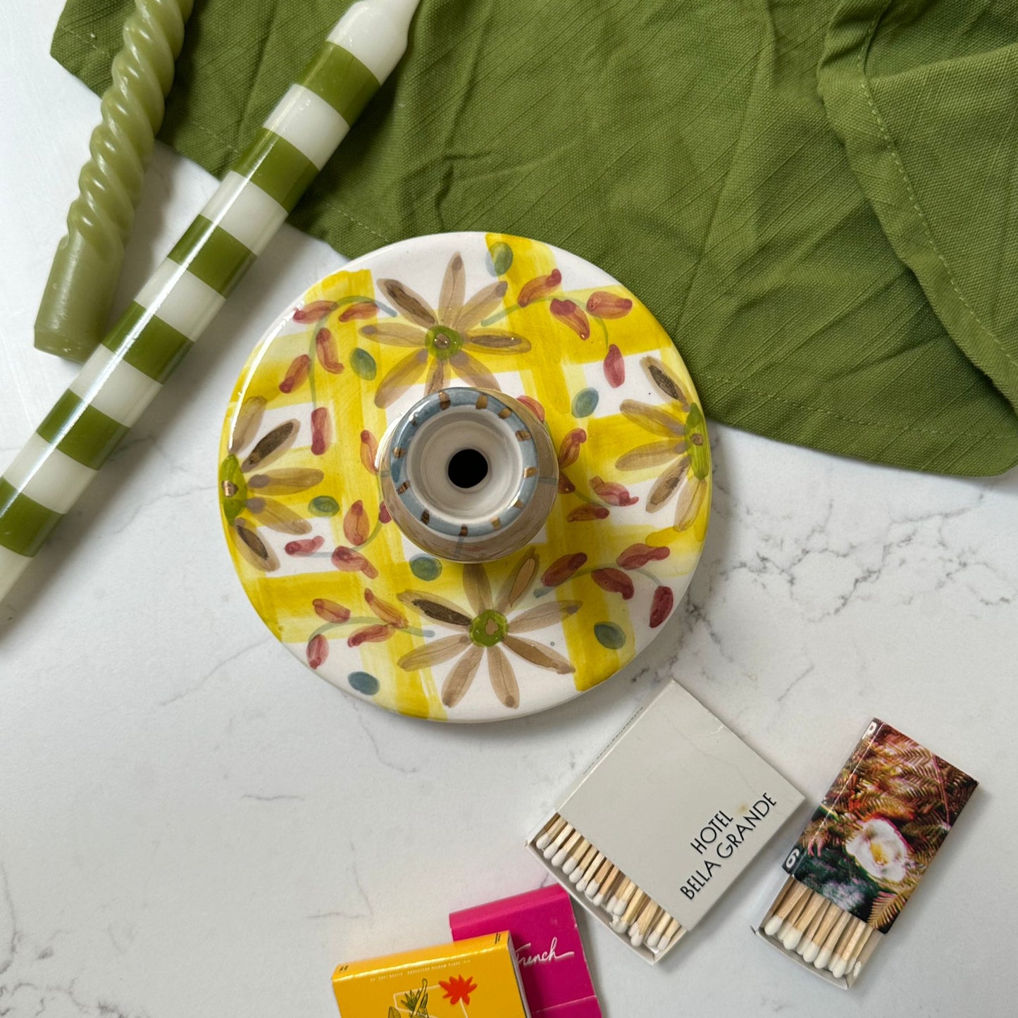 Yellow Check Floral Candlestick