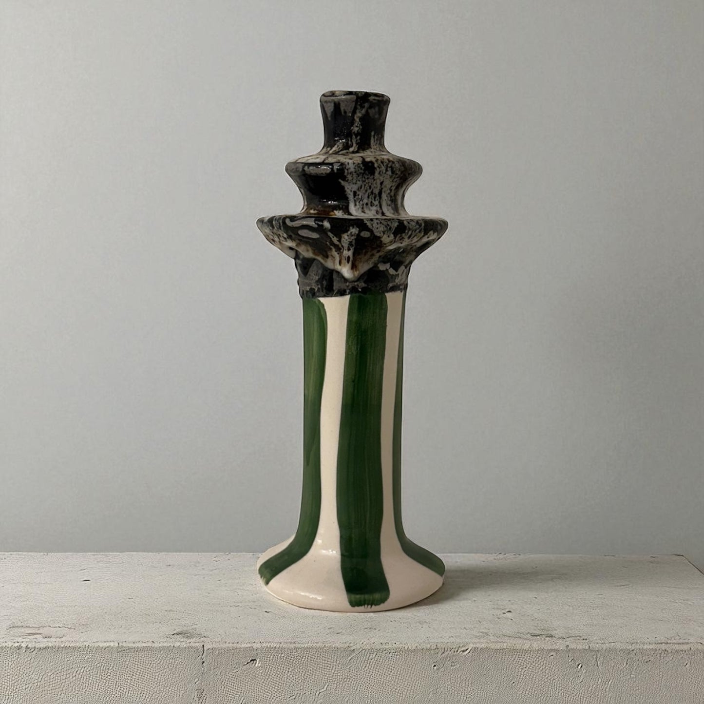 Small Ceramic Candelabra - Green Stripe