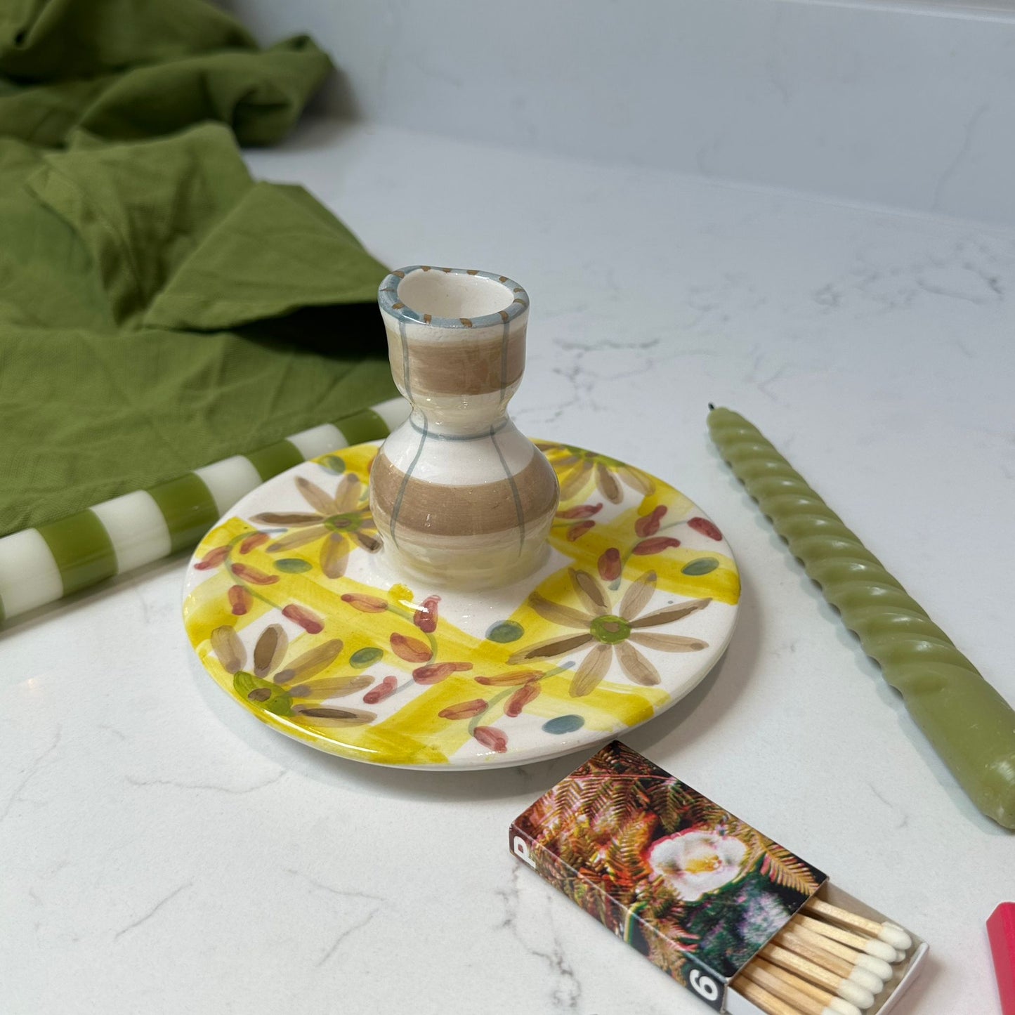 Yellow Check Floral Candlestick