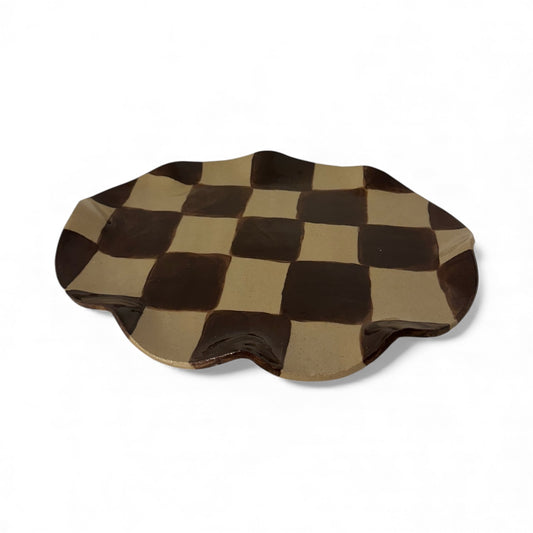 Chocolate Brown Wavy Oval Check Serving Platter