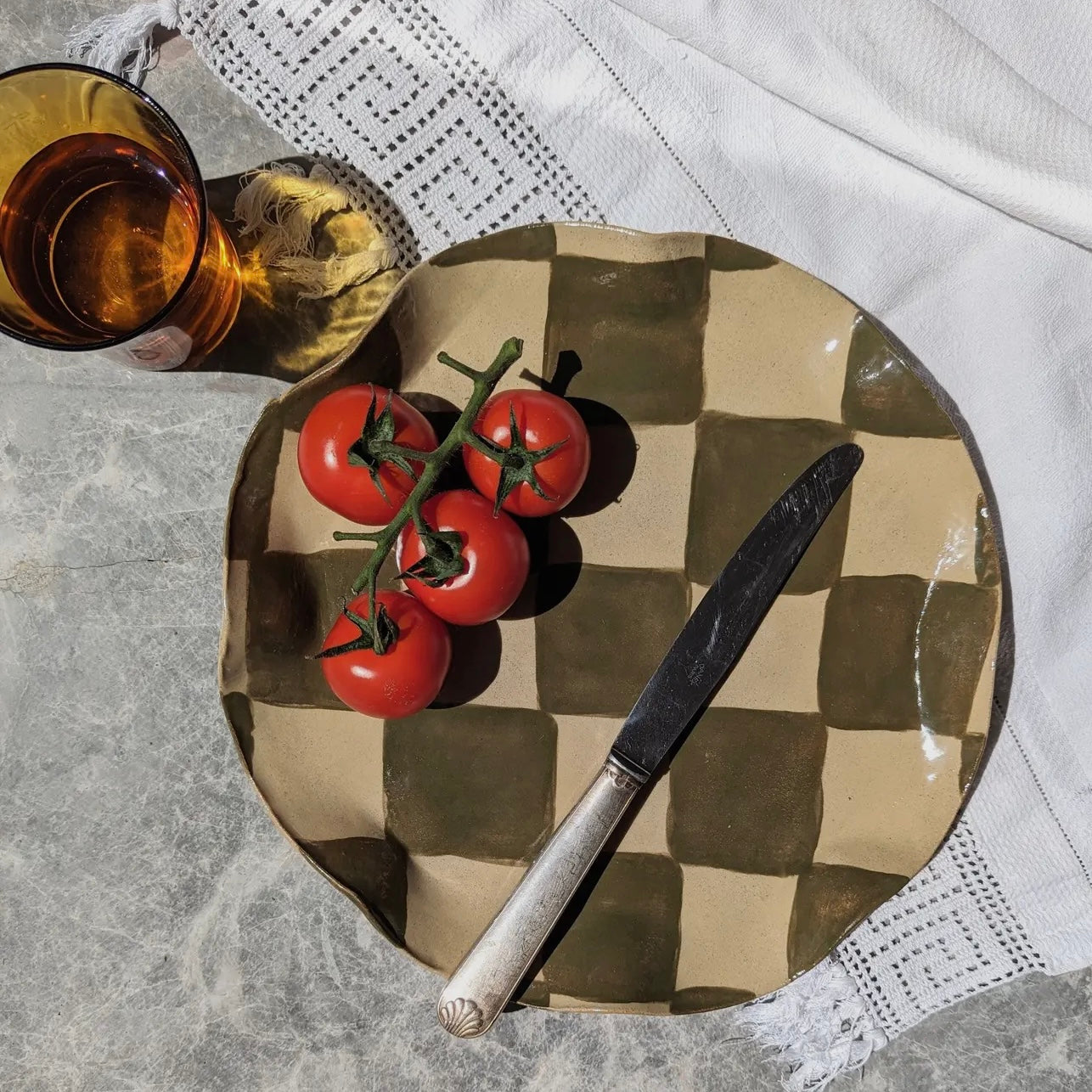 Smokey Olive Wavy Round Check Serving Platter