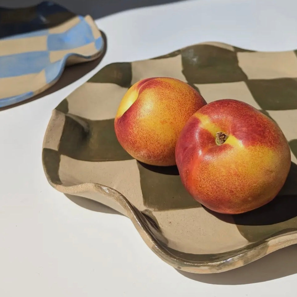 Smokey Olive Wavy Round Check Serving Platter