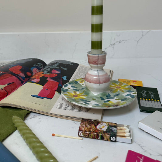 Pink and Green Floral Check Candlestick