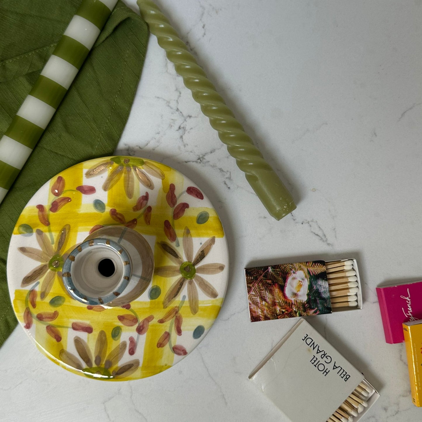 Yellow Check Floral Candlestick
