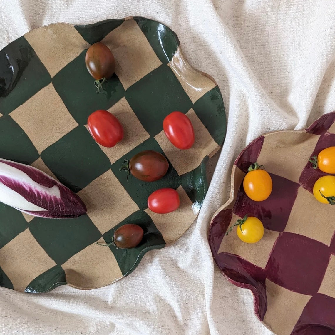 Green Wavy Oval Check Serving Platter