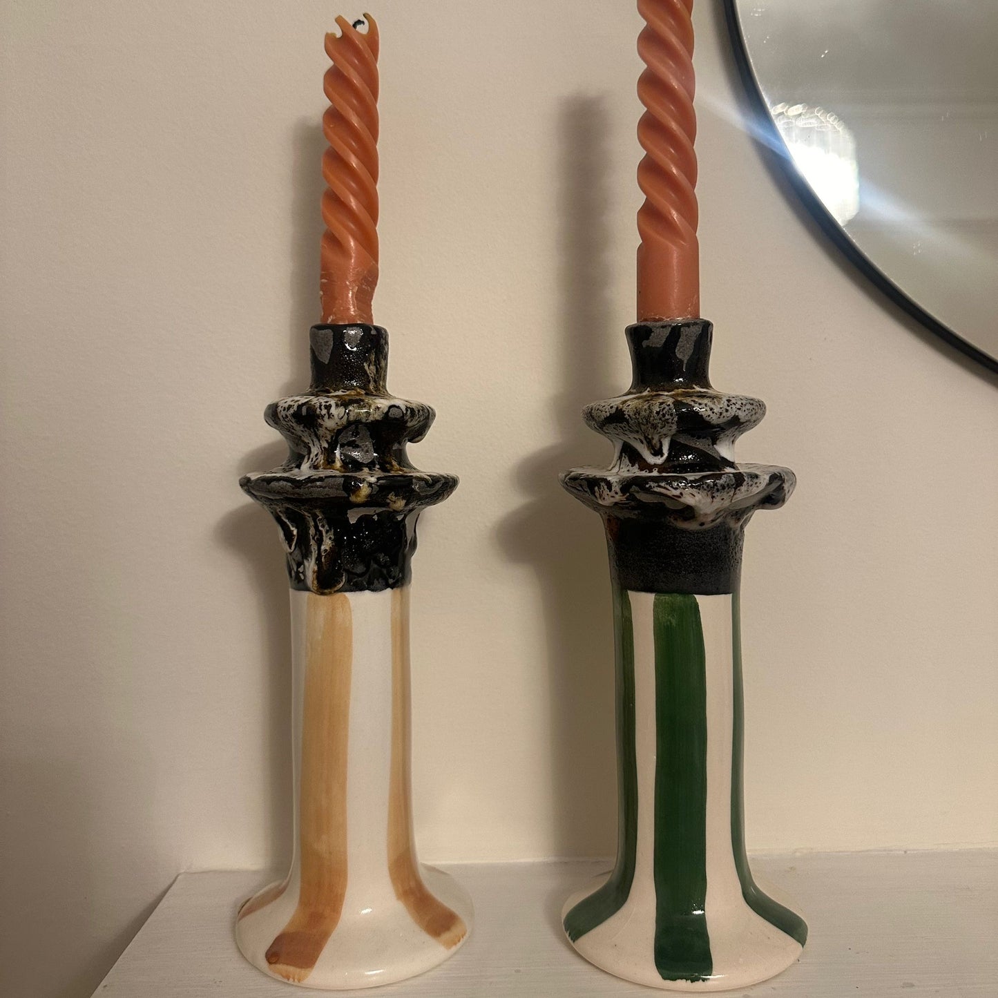 Small Ceramic Candelabra - Peach Stripe