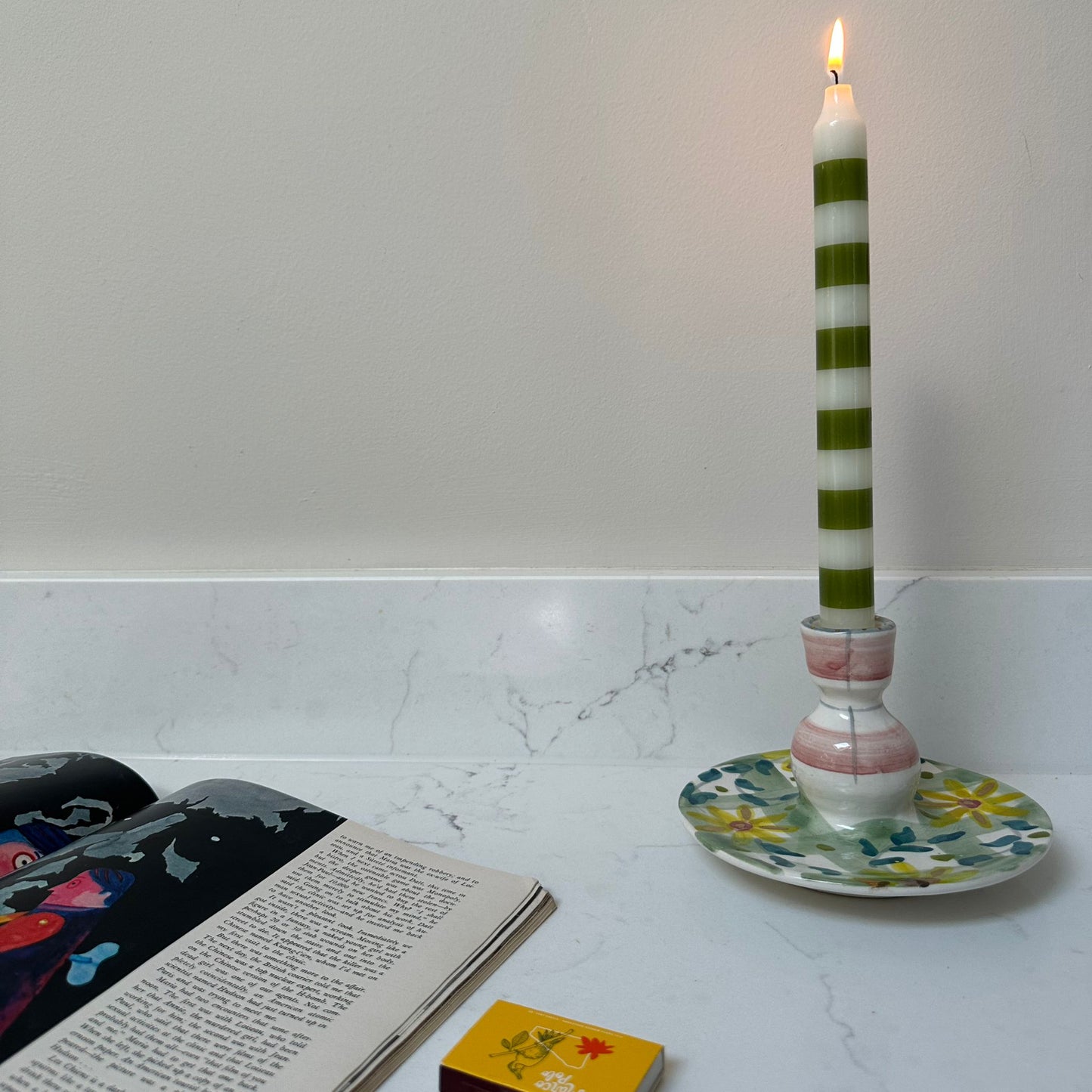 Pink and Green Floral Check Candlestick