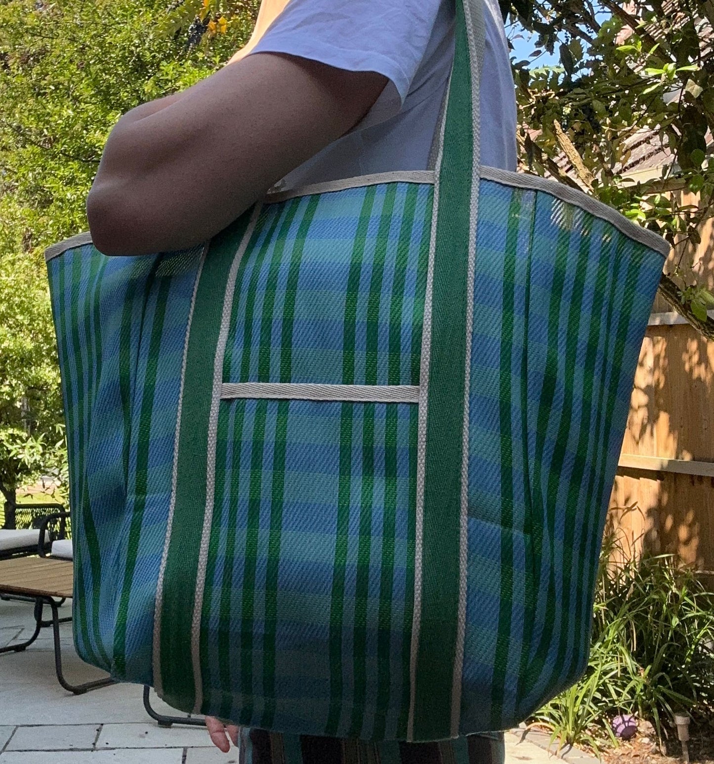 Woven Stripe Tote Bag - Blue & Green