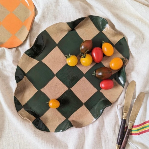 Green Wavy Oval Check Serving Platter