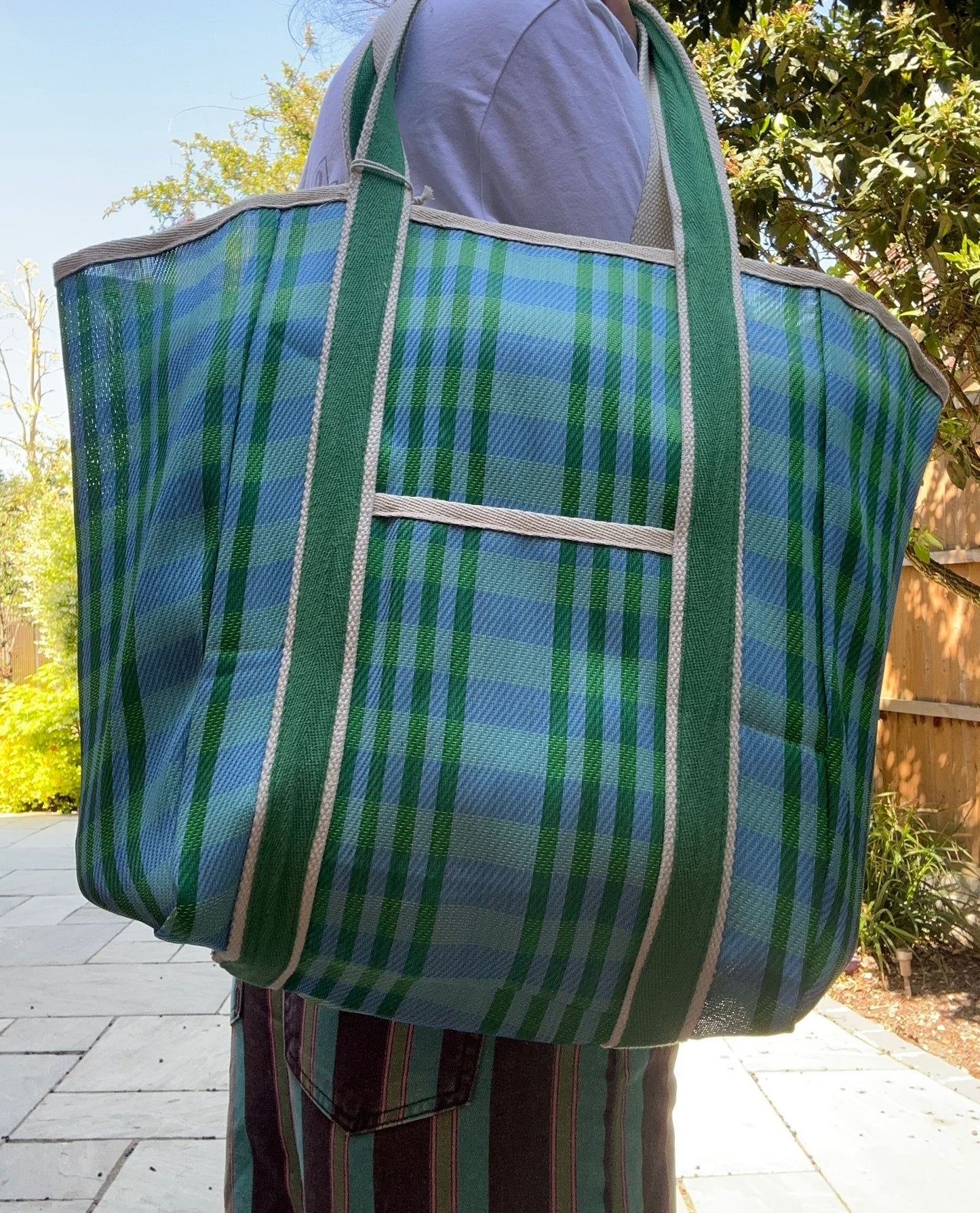 Woven Stripe Tote Bag - Blue & Green