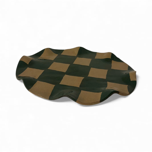 Green Wavy Oval Check Serving Platter