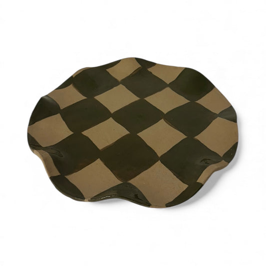 Smokey Olive Wavy Round Check Serving Platter