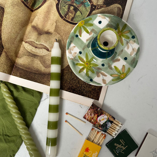 Green Check Floral Candlestick