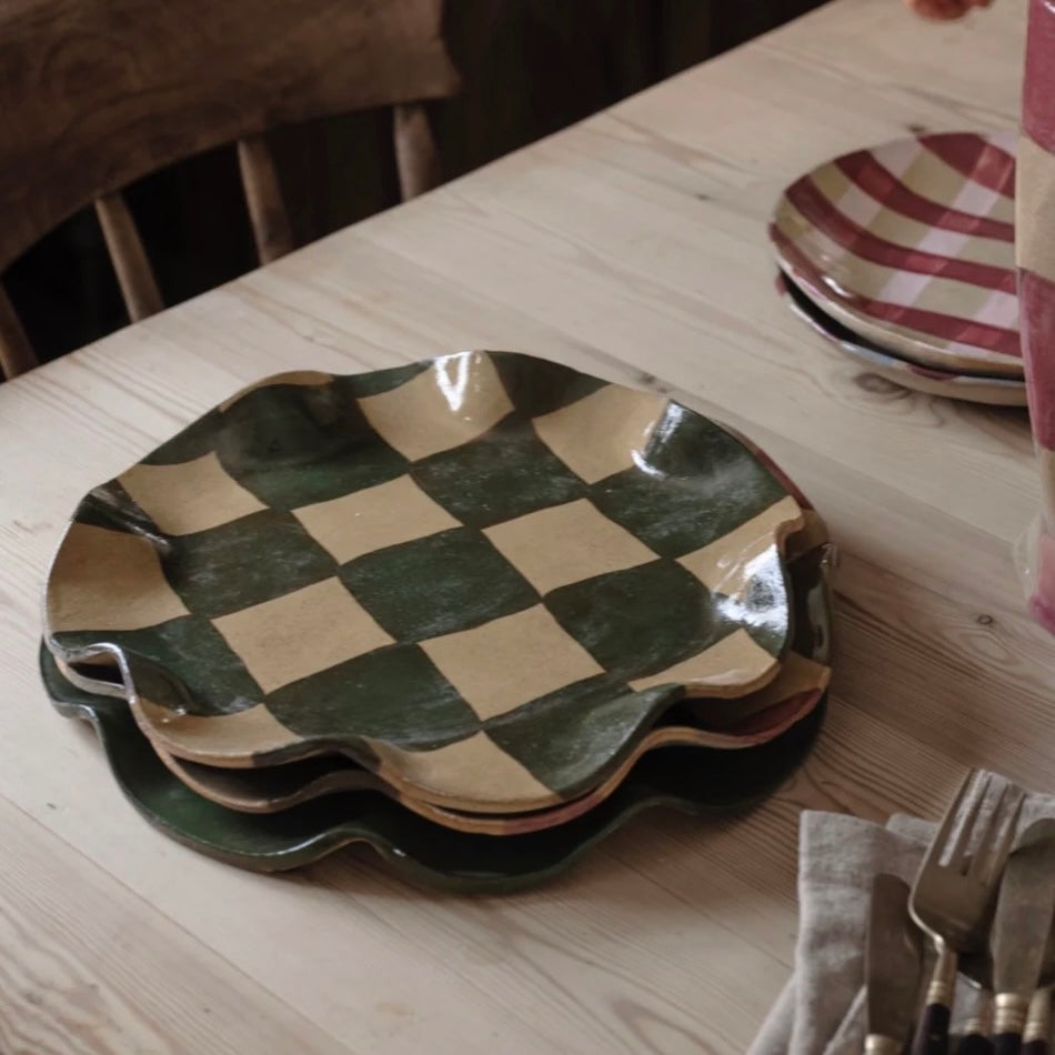 Green Wavy Round Check Serving Platter