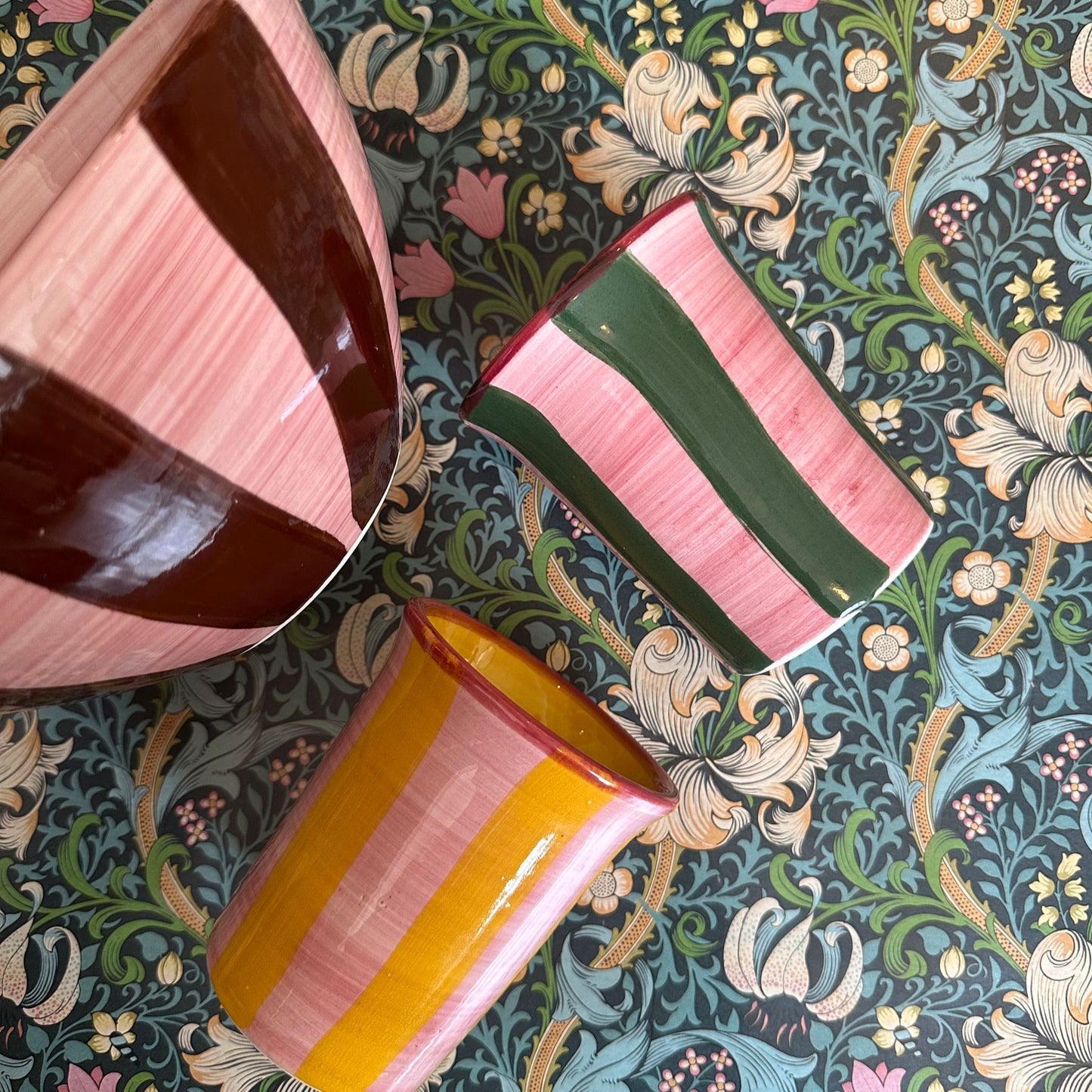 Large Ceramic Salad Bowl (Pink & Brown Stripe)