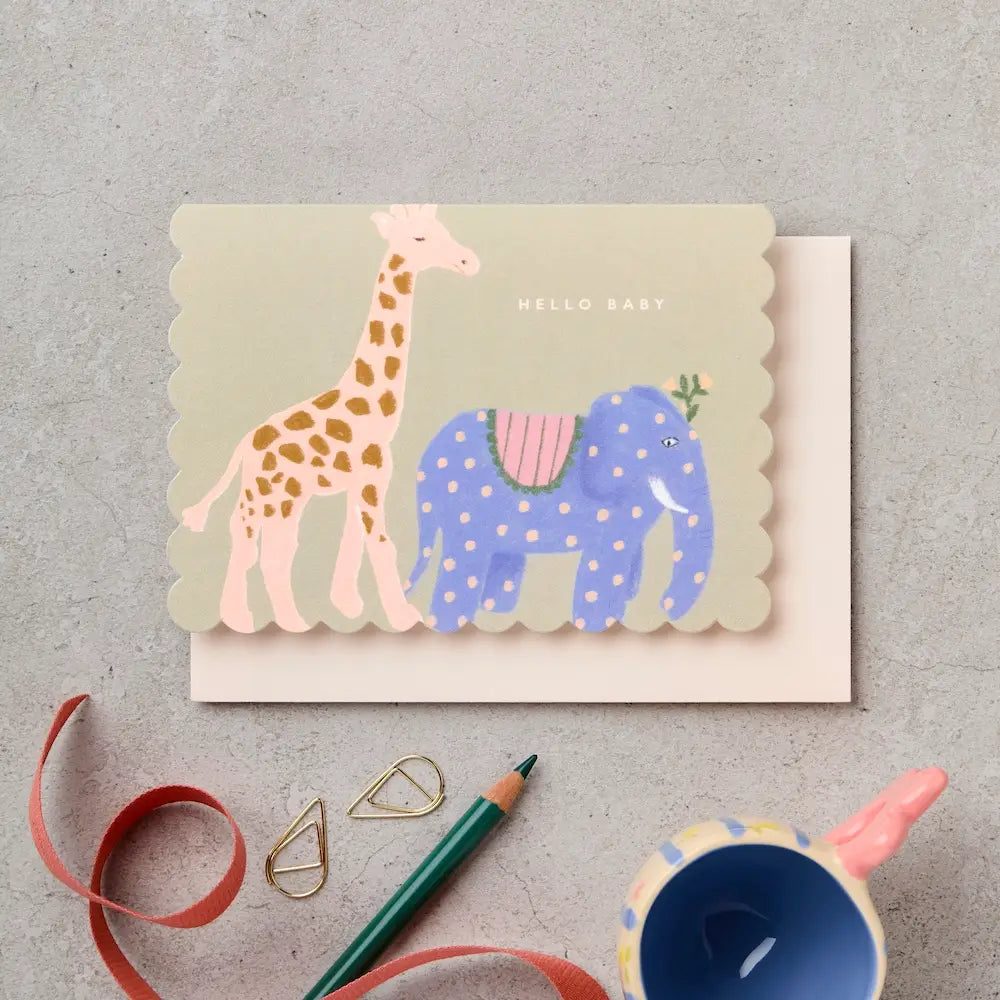 Hello Baby Animals Scallop New Baby Card